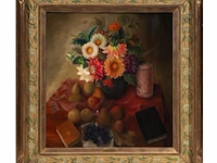 Rodolphe strebelle (1880-1959), still life with flowers, fruit and books, oil on a cradled panel 75 x 71 cm. (29.53 x 27.94 in.), frame: 106 x 102 cm. (41.72 x 40.15 in.) - afbeelding 2 van  5
