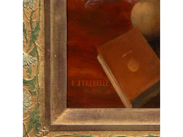 Rodolphe strebelle (1880-1959), still life with flowers, fruit and books, oil on a cradled panel 75 x 71 cm. (29.53 x 27.94 in.), frame: 106 x 102 cm. (41.72 x 40.15 in.) - afbeelding 4 van  5