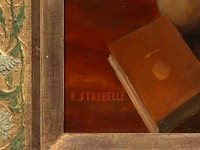 Rodolphe strebelle (1880-1959), still life with flowers, fruit and books, oil on a cradled panel 75 x 71 cm. (29.53 x 27.94 in.), frame: 106 x 102 cm. (41.72 x 40.15 in.) - afbeelding 4 van  5