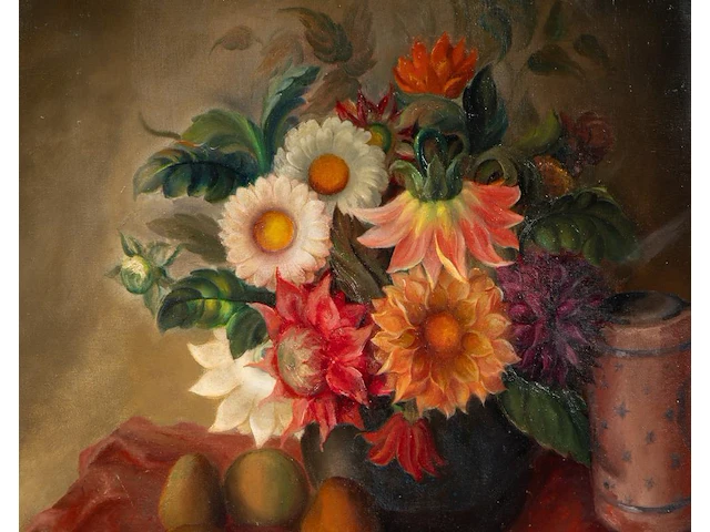 Rodolphe strebelle (1880-1959), still life with flowers, fruit and books, oil on a cradled panel 75 x 71 cm. (29.53 x 27.94 in.), frame: 106 x 102 cm. (41.72 x 40.15 in.) - afbeelding 5 van  5