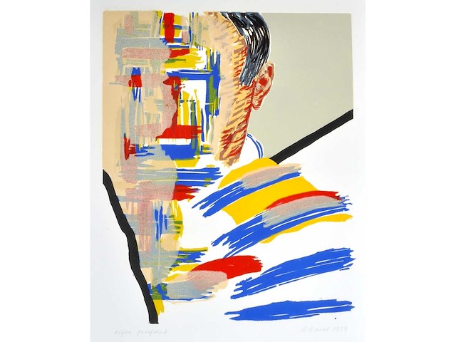 Roger raveel - zelfportret en een abstractie - houtsnede - eigen proefdruk - afbeelding 1 van  6