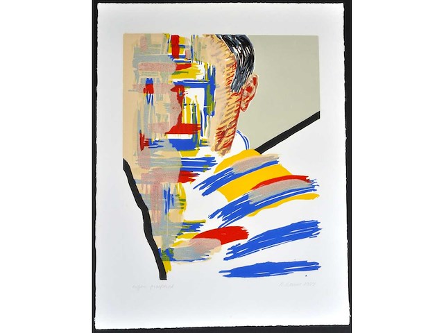 Roger raveel - zelfportret en een abstractie - houtsnede - eigen proefdruk - afbeelding 6 van  6