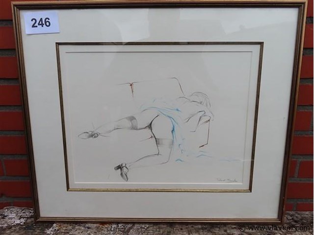 Roland fonck "naakte vrouw op bankstel" tekening - afbeelding 1 van  6