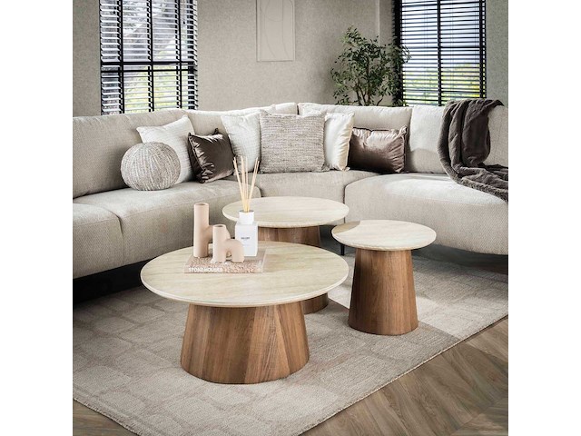 Romano ronde keramische travertijn salontafel set/3 - afbeelding 1 van  5