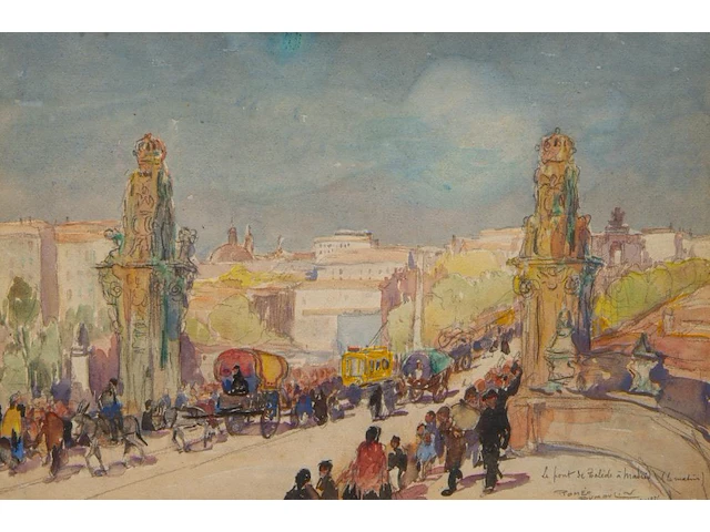 Roméo dumoulin (1883-1944), 'le pont de tolide à madrid', watercolour and pencil on paper 28 x 42 cm. (11.01 x 16.53 in.), frame: 49 x 63 cm. (19.28 x 24.80 in.) - afbeelding 1 van  5