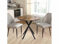 Ronde eettafel voor 2 personen met een houtachtig blad en een stalen kruisvoet