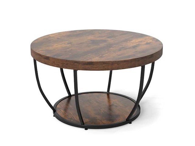Ronde houten salontafel met 2 lagen en metalen frame - afbeelding 1 van  6