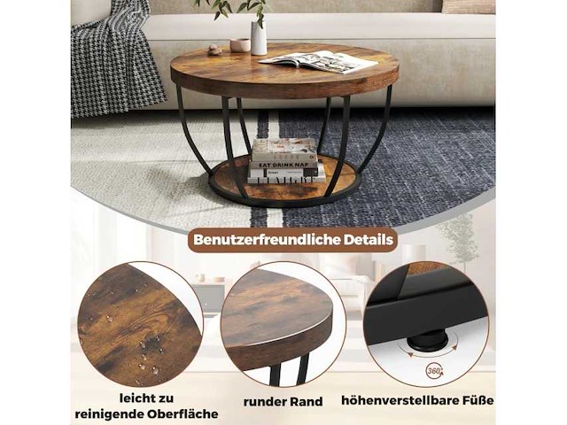 Ronde houten salontafel met 2 lagen en metalen frame - afbeelding 2 van  6