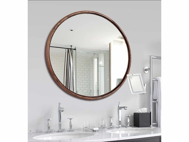 Ronde massief eikenhouten spiegel, middelgroot 61 x 61 cm, walnoothouten frame - afbeelding 1 van  4