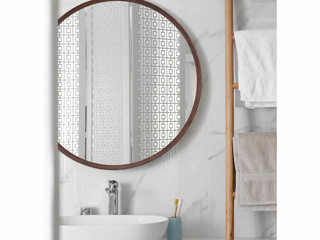 Ronde massief eikenhouten spiegel, middelgroot 61 x 61 cm, walnoothouten frame - afbeelding 2 van  4