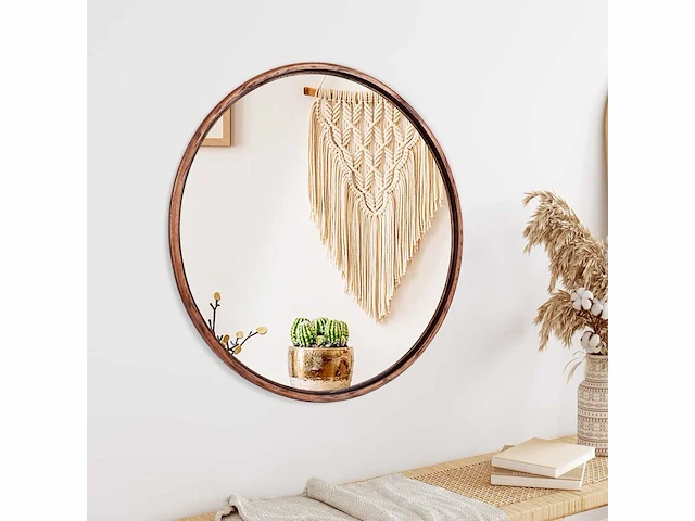 Ronde massief eikenhouten spiegel, middelgroot 61 x 61 cm, walnoothouten frame - afbeelding 3 van  4