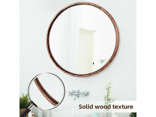 Ronde massief eikenhouten spiegel, middelgroot 61 x 61 cm, walnoothouten frame - afbeelding 4 van  4