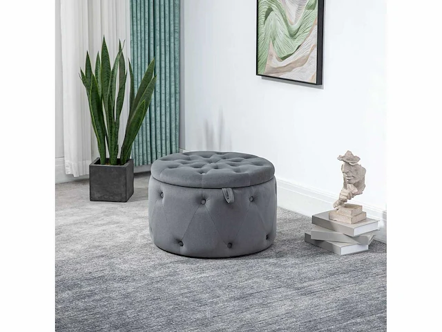Ronde poef met opbergruimte, gewatteerd ontwerp met knopen - afbeelding 1 van  4