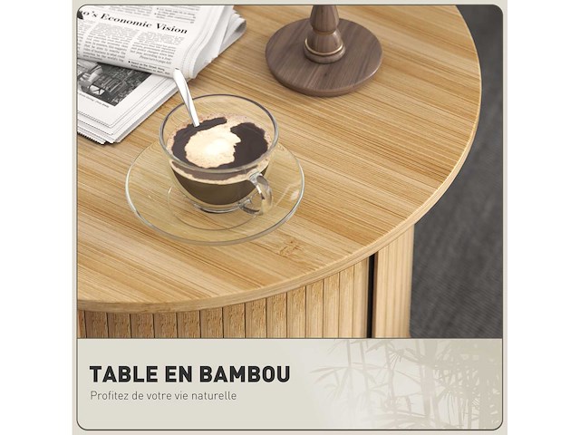 Ronde salontafel bamboe salontafel met verborgen opslag en schuifdeur - afbeelding 3 van  5
