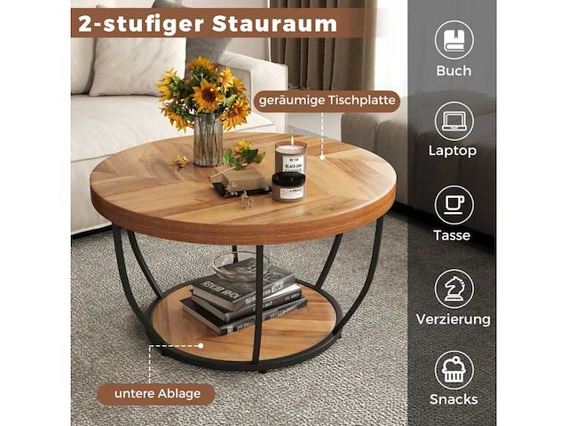 Ronde salontafel, houten look en metalen frame, 80 x 45 cm - afbeelding 5 van  5