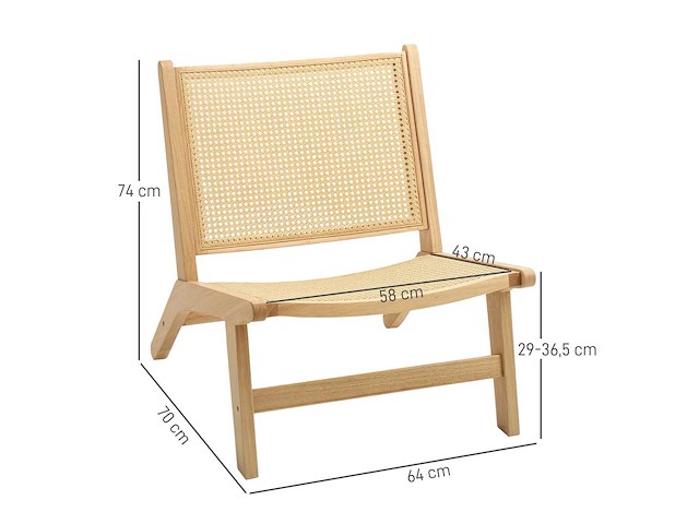 Rotan fauteuil, leesstoel, houten frame, brede zit, 64 x 70 x 74 cm, natuurlijk hout - afbeelding 3 van  5