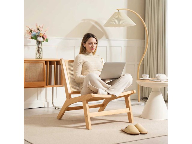 Rotan fauteuil, leesstoel, houten frame, brede zit, 64 x 70 x 74 cm, natuurlijk hout - afbeelding 4 van  5
