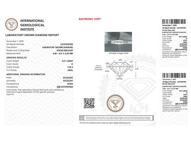 Round diamant 0.31ct – d/vvs2 – igi - afbeelding 4 van  4