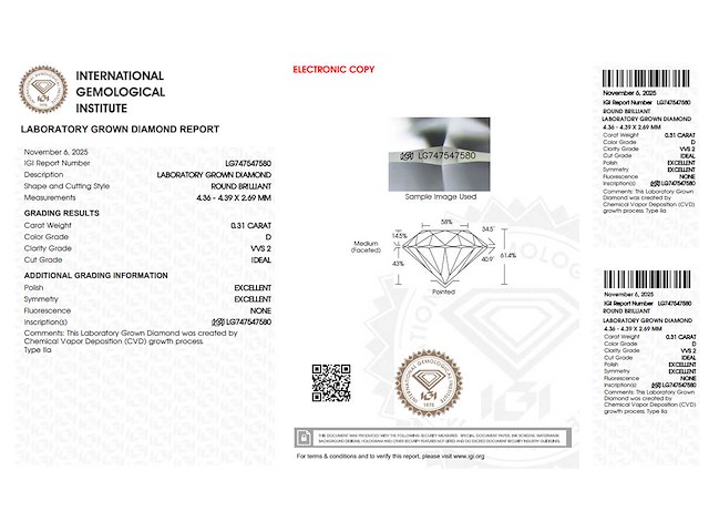 Round diamant 0.31ct – d/vvs2 – igi - afbeelding 4 van  4