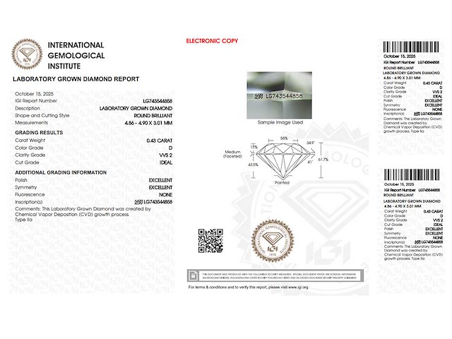Round diamant 0.43ct – d/vvs2 – igi - afbeelding 4 van  4