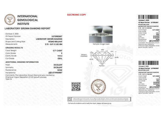 Round diamant 0.71ct – e/vvs2 – igi - afbeelding 4 van  4