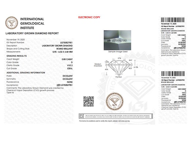 Round diamant 0.80ct – d/vvs2 – igi - afbeelding 4 van  4
