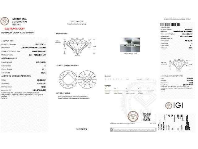 Round diamant 3.01ct – e/vs1 – igi - afbeelding 4 van  4