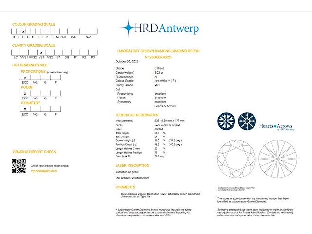 Round diamant 3.02ct – f/vs1 – hrd - afbeelding 4 van  4