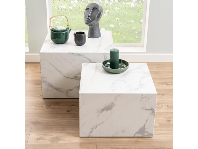 Salontafel set dice (2 stuks, 58x58x40 cm) - wit marmer - afbeelding 1 van  4