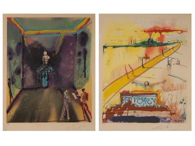 Salvador dali (1904-1989), 'cécile receives germeuil's letter' and 'the obsequies for clorinda', two lithographs, n° iii/xc, 53 x 43 cm. (20.87 x 16.92 in.), frame: 94 x 70 cm. (37.00 x 27.55 in.) - afbeelding 1 van  14