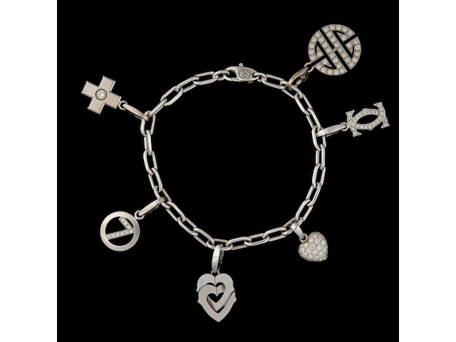 Santos de cartier charm bracelet in 18ct white gold, with diamond charms, weight: 37,8 g (+) - afbeelding 2 van  18