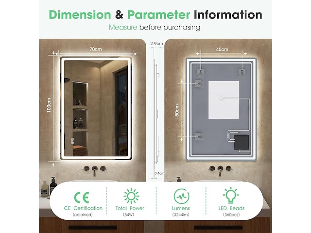 S'bagno badkamerspiegel met verlichting (1000 x 700 mm) - afbeelding 2 van  6