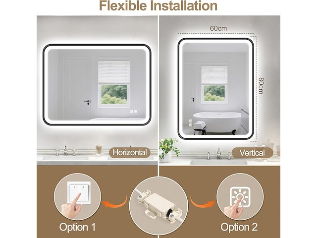 S'bagno rechthoekige badkamerspiegel met verlichting (80 x 60 cm) - afbeelding 2 van  8