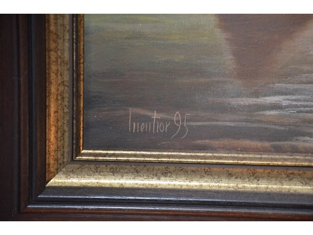 Schilderij in bruin houten kader schepen geet. mentior , 2 schilderijen in koperkleurige kader - afbeelding 3 van  8