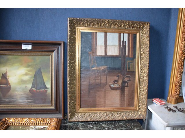 Schilderij in bruin houten kader schepen geet. mentior , 2 schilderijen in koperkleurige kader - afbeelding 4 van  8