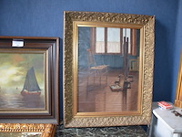 Schilderij in bruin houten kader schepen geet. mentior , 2 schilderijen in koperkleurige kader - afbeelding 4 van  8
