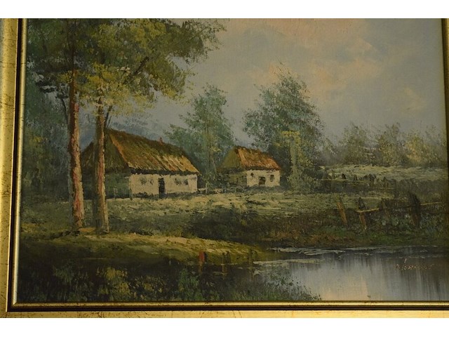 Schilderij rustiek boerderij met vijver - afbeelding 2 van  2