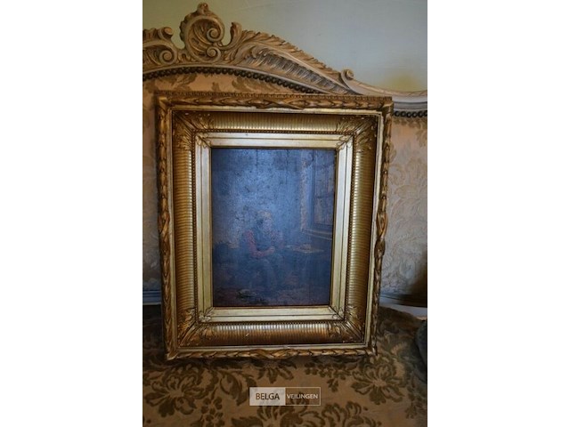 Schilderwerk op houten paneel met goudkleurige kader - afbeelding 1 van  3