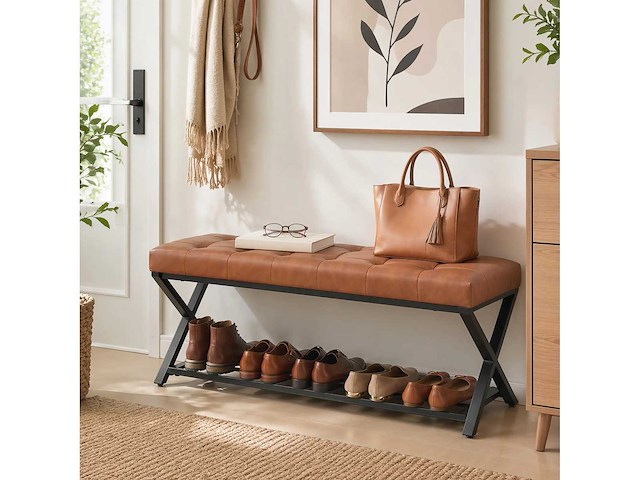 Schoenbank, ingangsbank met imitatielederen bekleding, 112 x 37 x 47 cm, bruin - afbeelding 1 van  7