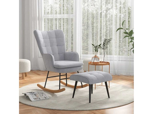 Schommelstoel met ottomaans scandinavisch ontwerp schommelstoel met voetenbank, beukenhout, getuft - afbeelding 1 van  4