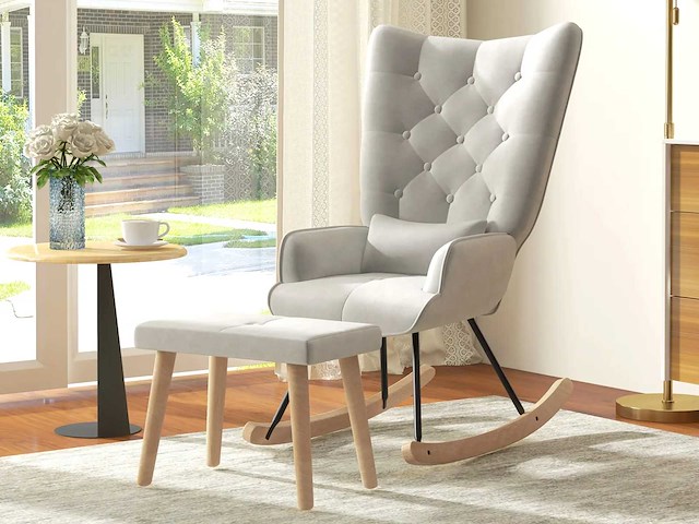 Schommelstoel met voetensteun, gestoffeerd, hoge rugleuning, fluwelen look, tot 150 kg, crèmewit - afbeelding 1 van  9