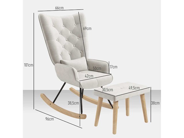 Schommelstoel met voetensteun, gestoffeerd, hoge rugleuning, fluwelen look, tot 150 kg, crèmewit - afbeelding 4 van  9