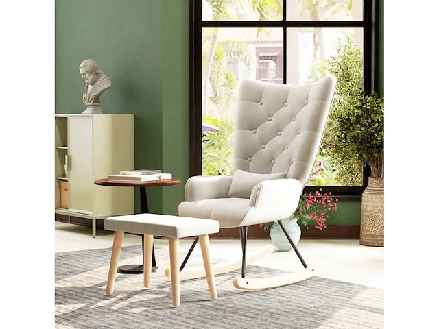 Schommelstoel met voetensteun, gestoffeerd, hoge rugleuning, fluwelen look, tot 150 kg, crèmewit - afbeelding 6 van  9