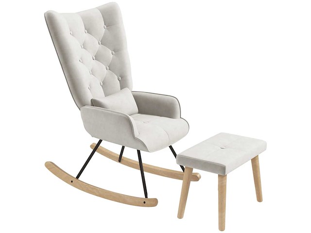 Schommelstoel met voetensteun, gestoffeerd, hoge rugleuning, fluwelen look, tot 150 kg, crèmewit - afbeelding 8 van  9