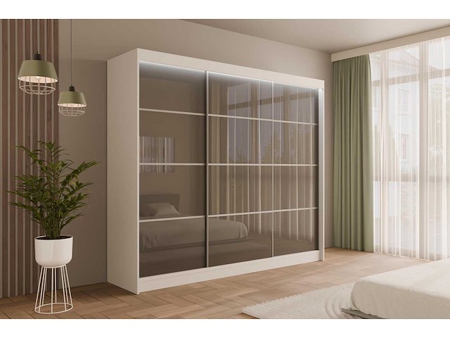 Schuifdeurkasten - wit + grijs - 250 cm x 61 cm x 215 cm - afbeelding 1 van  6