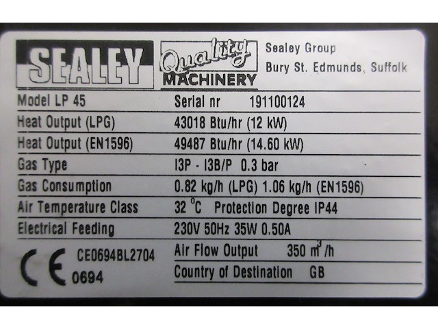 Sealey lp45 propaanheater (lpg) - afbeelding 3 van  3