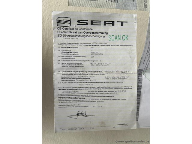Seat leon, vsszzz1pzbr031824, 1e insch 24/02/2011, 86149km, 77kw, 1598cm³, diesel, manueel, hatchback, euro 5, mtm 1720kg, tarra 1207kg, 2 sleutels, keuring tot 20/05/2026, inschrijvingsbewijs deel i en ii en gelijkvormigheidsattest - afbeelding 8 van  20