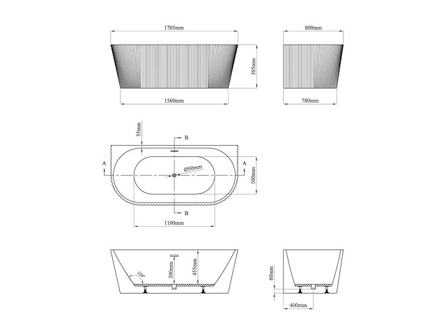 Semi-staand geribbeld bad - 250 l - glanzend wit - acryl - afbeelding 6 van  8
