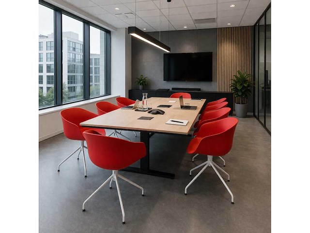 Set van 10 designerstoelen - witte vaste poot - rode stoel met armleuningen - afbeelding 2 van  4