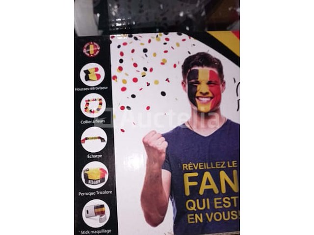 Set van 15 belgische gekleurde pruiken - nieuw set van 12 belgische bloemkleuren kettingen - nieuw set van 18 belgische gekleurde pruiken - nieuw set van 18 belgische pruiken - nieuw set van 17 5-delige dozen voor accessoire-ondersteuner belgië - nieuw set van 5 wollen sjaals belgië - nieuw set van 8 belgische supportersjaals - nieuw - afbeelding 4 van  7